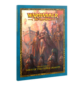 Warhammer The Old World Dawn of the Storm Dragon game book cover with characters and text on a white background