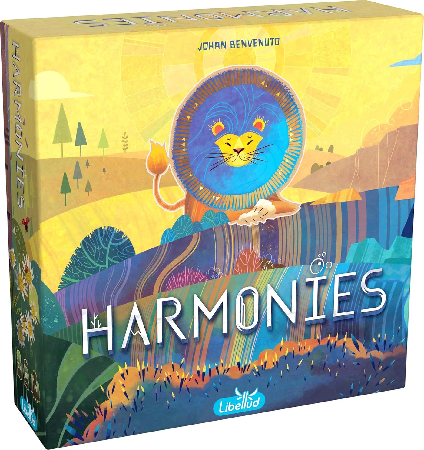 Board game box titled 'Harmonies' with colorful design and lion illustration.
