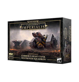 Legions Imperialis Cerberus Heavy Tank Destroyer Squadron box set packaging with tanks on a battlefield.