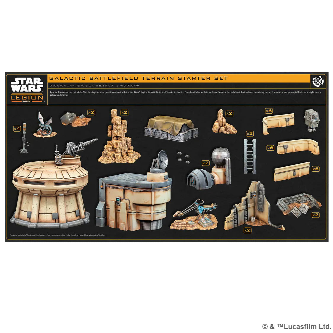 The Galactic Battlefield Terrain Starter Set delivers a bundle of immersive terrain for STAR WARS: Legion: complete with structures, barricades, and obstacles to shape your skirmishes.