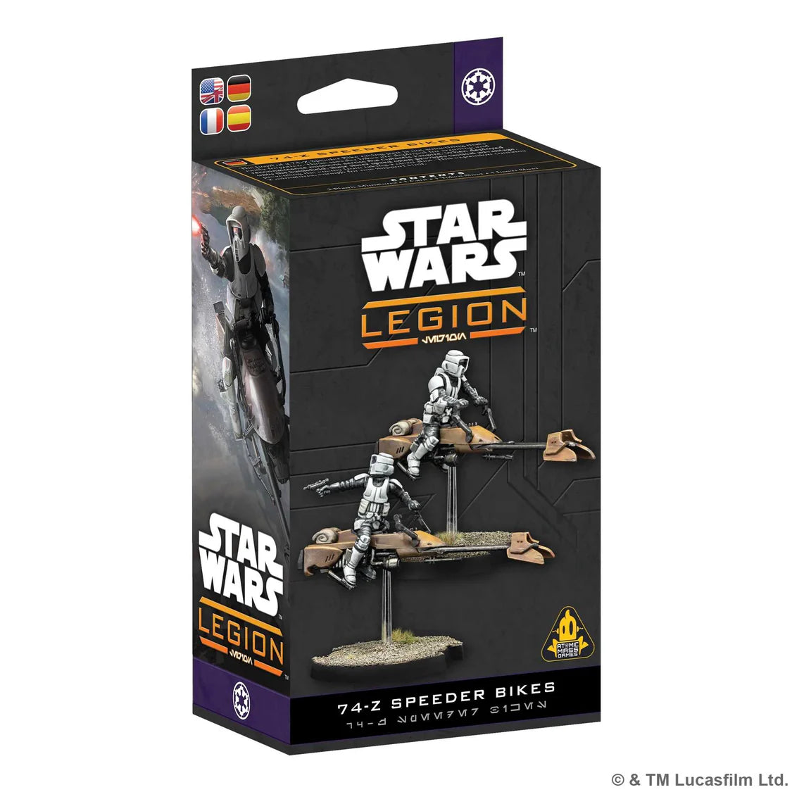 The howl of a 74-Z Speeder Bike racing past is not something that’s easily forgotten. When deployed onto the battlefield, their sheer speed often provides tactical advantage, preventing the enemy from taking a clean shot. This expansion for Star WarsTM: Legion contains 2 74-Z Speeder Bike miniatures, enough for 1 Support unit as well as cards to support gameplay.

HIGH-SPEED IMPERIAL ASSAULT: Deploy 74-Z Speeder Bikes to outmaneuver enemy forces and strike quickly across the battlefield.
SUPPORT UNIT EXPANS