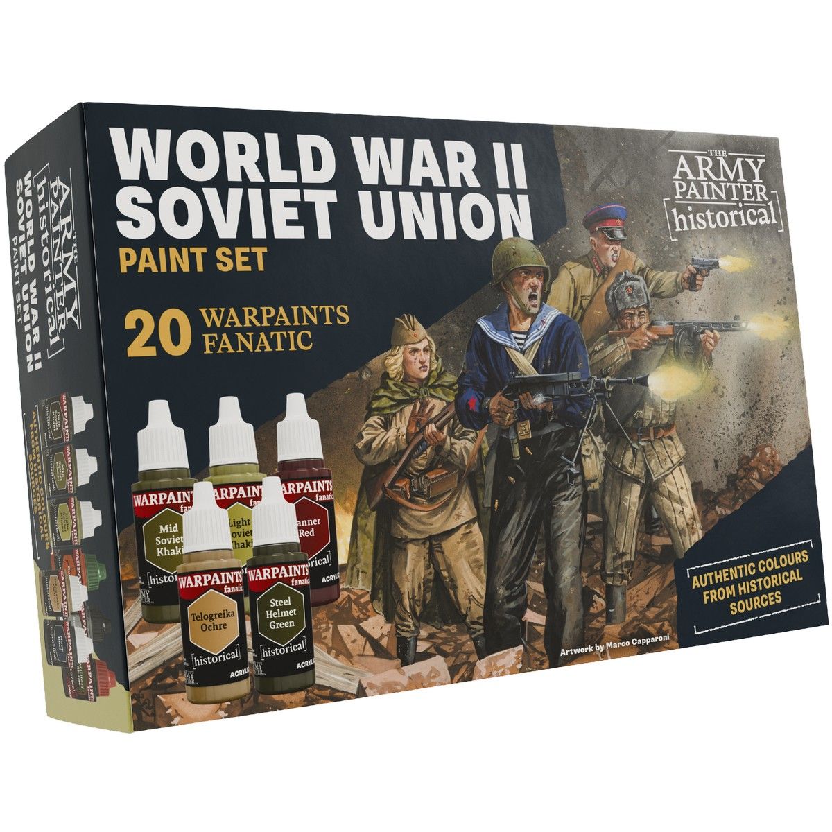 Advance on the Eastern Front! The Soviet Union WWII set features authentic colours drawn from the uniforms and equipment issued across the Red Army. With shades reflecting Soviet khaki garments, telogreika padded clothing, and steel helmets, painters can recreate infantry who fought across battlefields from Moscow to Germany.

Contents:

20x Warpaint Fanatics Paints:
Matt Black
Matt White
Steel
Brown Tone
Warm Skin Tone
Banner Red
Peachy Skin
Rust
Black Tone
Military Shade
Telogreika Ochre
Dark Soviet Khaki