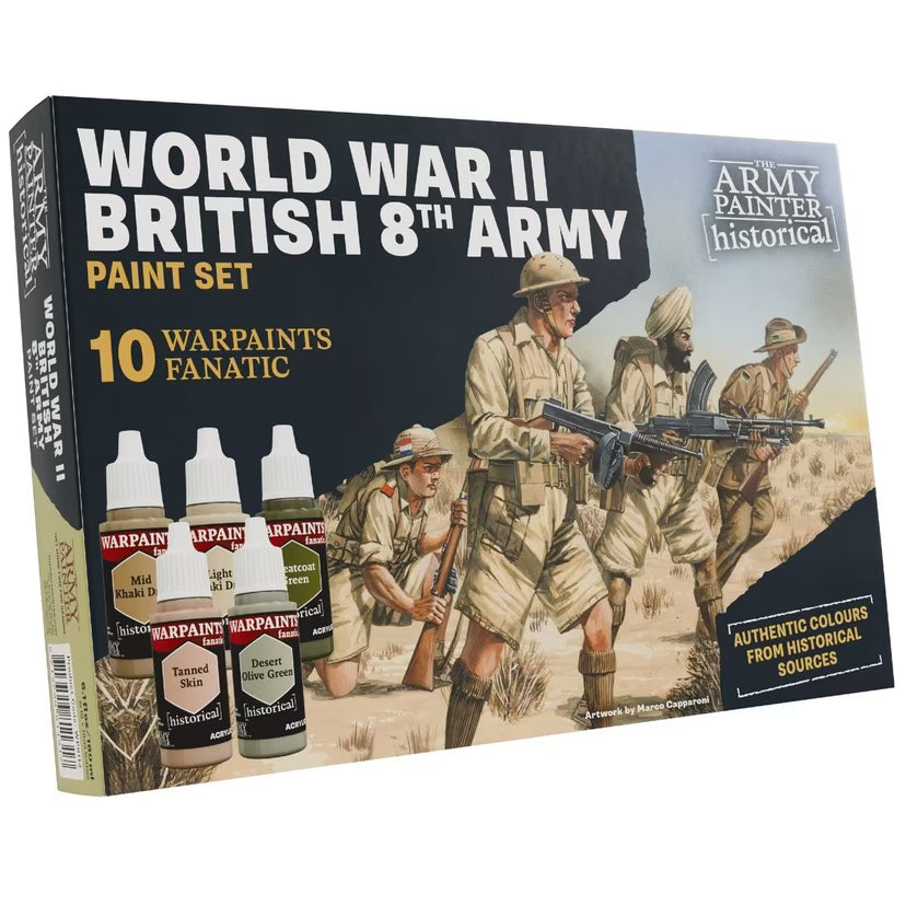 Into the Desert, Steady and Resolute! The British 8th Army WWII set highlights accurate colours of the uniforms and equipment worn by Commonwealth troops throughout the North African campaign. From khaki drill clothing to field gear adapted for arid conditions, these paints let you depict the forces that fought from Egypt to Tunisia.

Contents:

10x Warpaint Fanatics Paints:
Deep Khaki Drill
Mid Khaki Drill
Light Khaki Drill
Desert Webbing
Stone Grey
Greatcoat Green
Desert Olive Green
Dark Leather
Tanned Sk