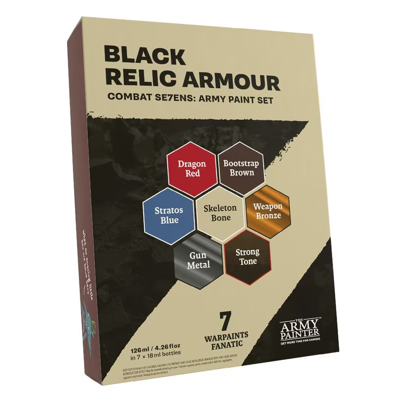 A curated seven-paint colour scheme for stark, battle-scarred armour and sacred markings.

Combat Se7ens is an easy to use, pre-selection of Warpaints Fanatic colours to use for your armies. Remove any guesswork and bring your otherworldly forces to tabletop-ready results in no time.

Add your preferred Black and White paints, and you got a complete army paint scheme!

Contents:

7x Warpaints Fanatic 18ml Paints:
1x Dragon Red
1x Bootstrap Brown
1x Stratos Blue
1x Skeleton Bone
1x Weapon Bronze
1x Gun Metal