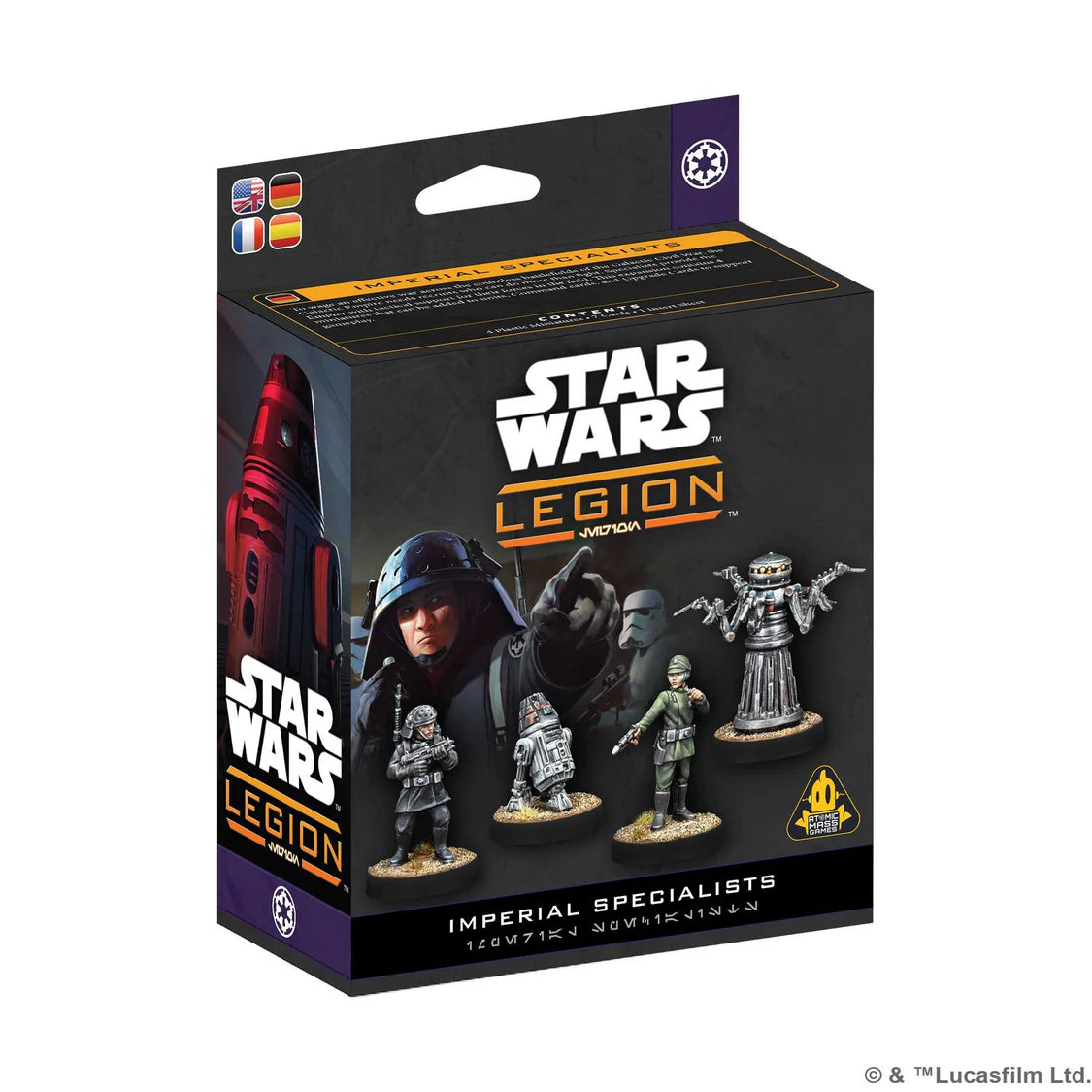 To wage an effective war across the countless battlefields of the Galactic Civil War, the Galactic Empire needs recruits who can do more than fight. Specialists provide the Empire with tactical support for their forces in the field.

This expansion for Star Wars™: Legion contains 4 miniatures that can be added to units, and Upgrade Cards to support gameplay.