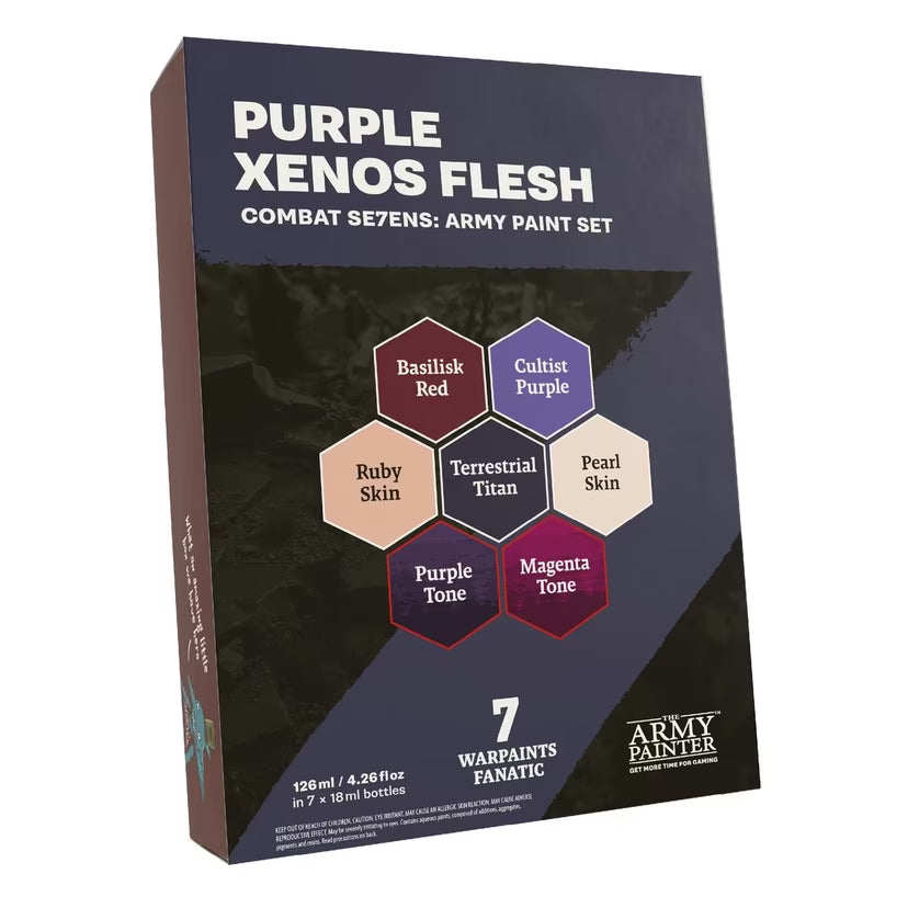 A curated seven-paint colour scheme for painting alien swarms quickly and confidently.

Combat Se7ens is an easy to use, pre-selection of Warpaints Fanatic colours to use for your armies. Remove any guesswork and bring your otherworldly forces to tabletop-ready results in no time.

Add your preferred Black and White paints, and you got a complete army paint scheme!

Contents:

7x Warpaints Fanatic 18ml Paints:
1x Terrestrial Titan
1x Cultist Purple
1x Basilisk Red
1x Ruby Skin
1x Pearl Skin
1x Magenta Tone
