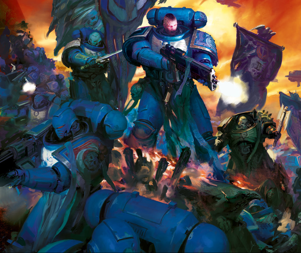 Warhammer 40,000 battle scene artwork showing blue Space Marine soldiers in armor fighting in a fiery, chaotic battlefield with flags and explosions. The Warhammer 40,000 title is visible at the top.